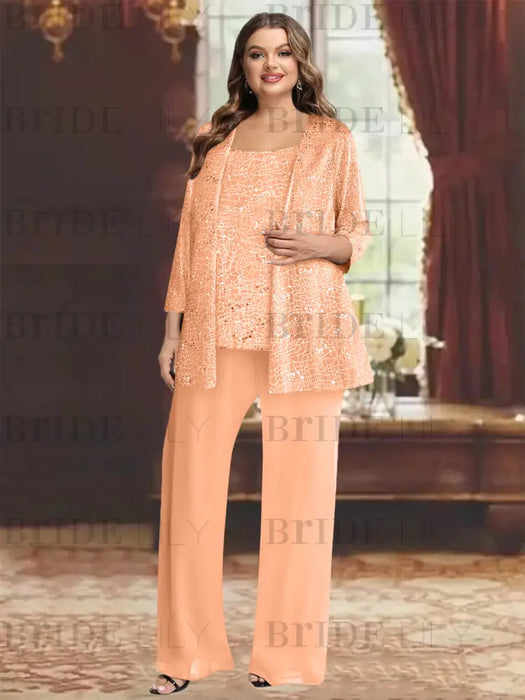 Coral plus size sequin lace mother of the bride pantsuit with jacket