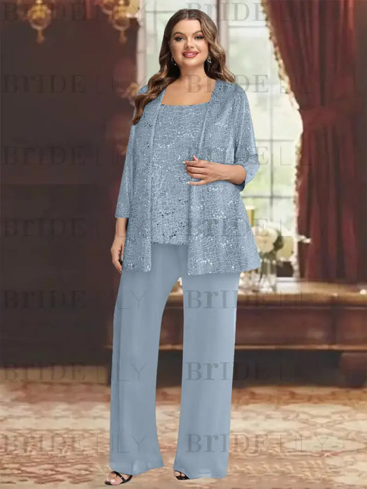 Dusty Blue plus size sequin lace mother of the bride pantsuit with jacket