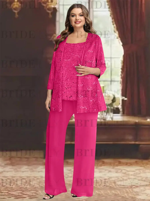 Fuchsia plus size sequin lace mother of the bride pantsuit with jacket