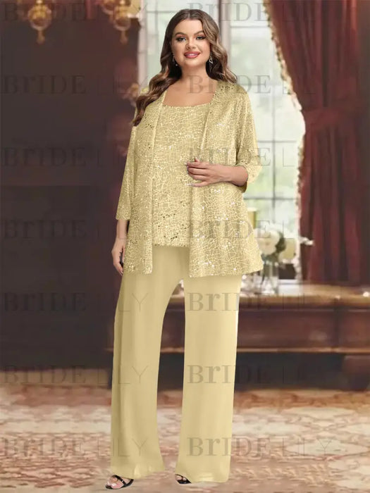 Plus size gold sequin lace pantsuit with an open jacket