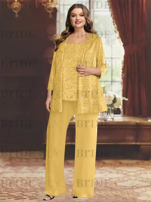 Gold plus size sequin lace mother of the bride pantsuit with jacket