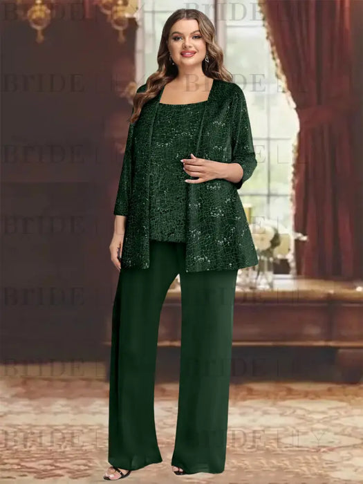 Green Black plus size sequin lace mother of the bride pantsuit with jacket