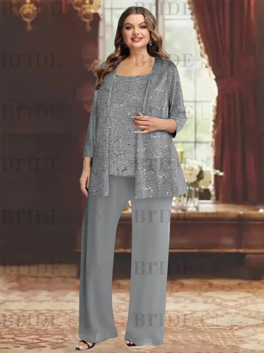 Plus size grey sequin lace pantsuit with an open jacket