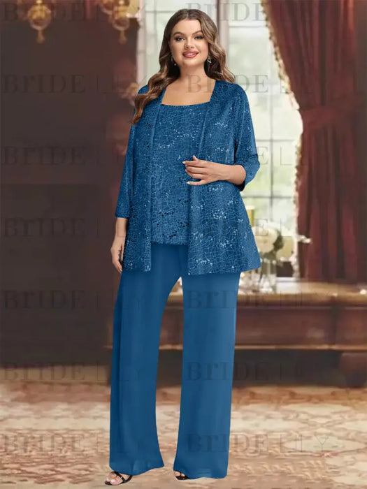 Ink Blue plus size sequin lace mother of the bride pantsuit with jacket