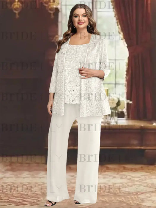 Ivory plus size sequin lace mother of the bride pantsuit with jacket
