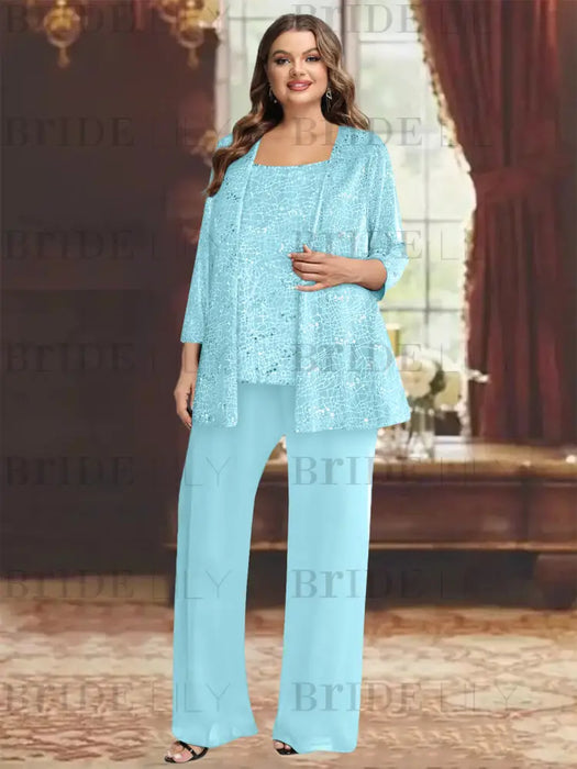 Light Blue plus size sequin lace mother of the bride pantsuit with jacket