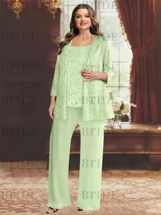 Plus size mint green sequin lace pantsuit with an open jacket