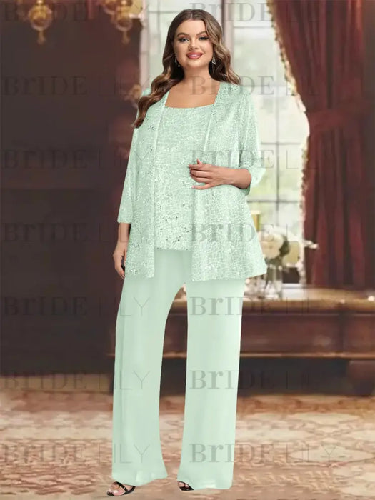 Mist Blue plus size sequin lace mother of the bride pantsuit with jacket