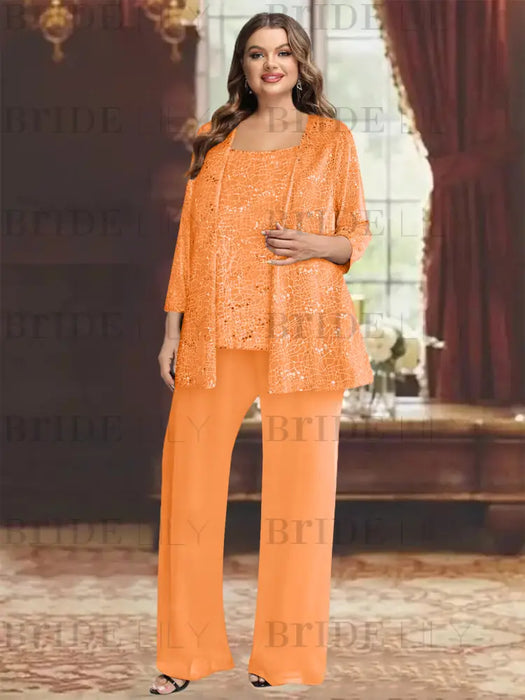 Orange plus size sequin lace mother of the bride pantsuit with jacket
