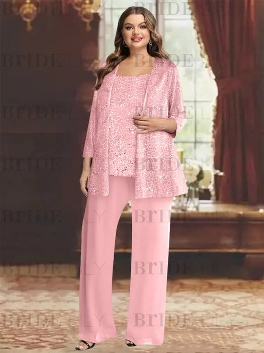 Plus size pink sequin lace pantsuit with an open jacket