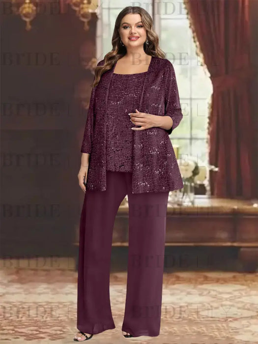 Plum plus size sequin lace mother of the bride pantsuit with jacket
