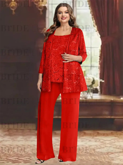 Red plus size sequin lace mother of the bride pantsuit with jacket