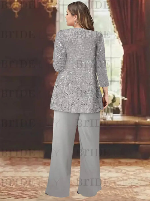 Back view of the silver sequin lace jacket and chiffon trousers