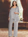 Plus size silver sequin lace pantsuit with an open jacket