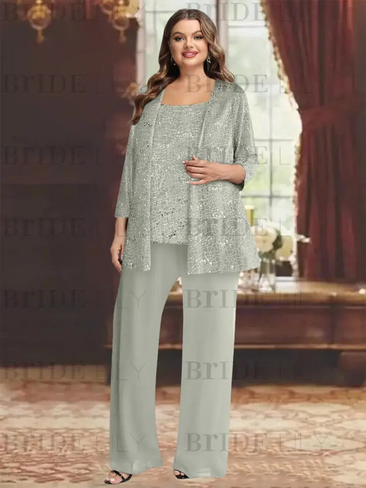 Silver plus size sequin lace mother of the bride pantsuit with jacket