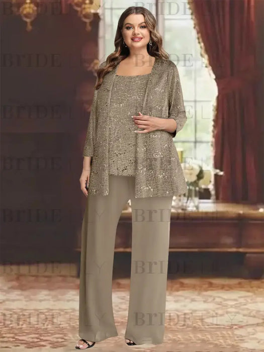 Taupe plus size sequin lace mother of the bride pantsuit with jacket
