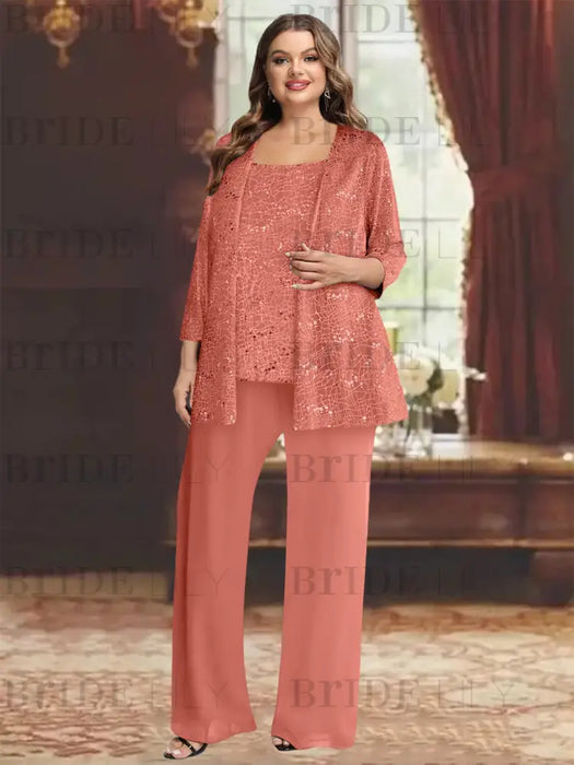 Watermelon plus size sequin lace mother of the bride pantsuit with jacket