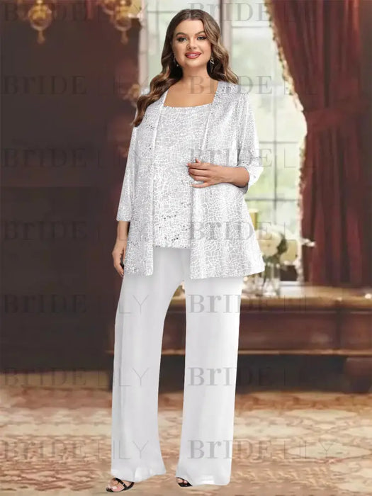 White plus size sequin lace mother of the bride pantsuit with jacket