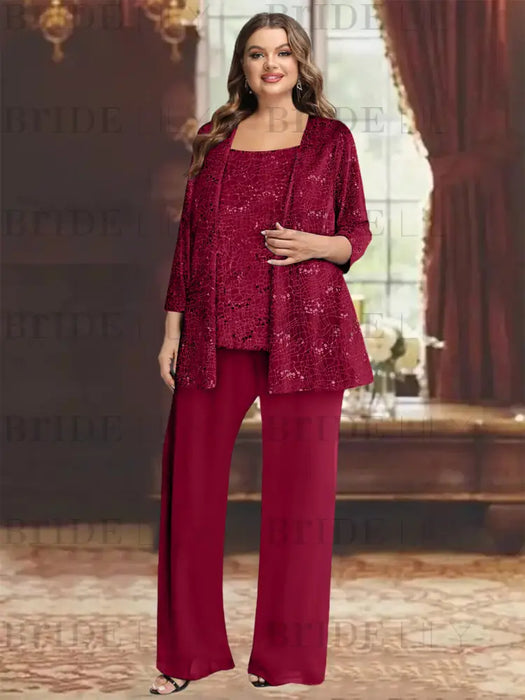 Wine Red plus size sequin lace mother of the bride pantsuit with jacket