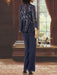 Back view of navy sequin lace jacket and wide-leg chiffon trousers