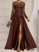 Sequin leaf embroidered chiffon gown with long sleeves in chocolate brown