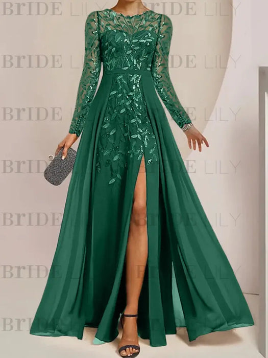 Sequin leaf embroidered chiffon gown with long sleeves in emerald green