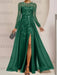 Sequin leaf embroidered chiffon gown with long sleeves in emerald green