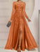 Sequin leaf embroidered chiffon gown with long sleeves in rust orange