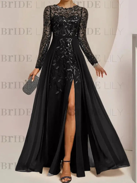Sequin leaf embroidered chiffon gown with long sleeves in black
