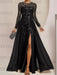 Sequin leaf embroidered chiffon gown with long sleeves in black