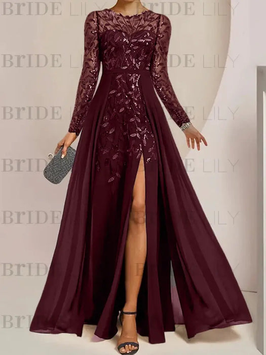Sequin leaf embroidered chiffon gown with long sleeves in burgundy
