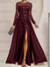 Sequin leaf embroidered chiffon gown with long sleeves in burgundy