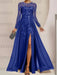 Dark Royal Blue sequin leaf embroidered chiffon mother of the bride slit gown
