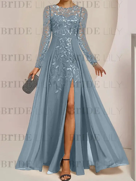 Dusty Blue sequin leaf embroidered chiffon mother of the bride slit gown