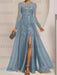 Dusty Blue sequin leaf embroidered chiffon mother of the bride slit gown