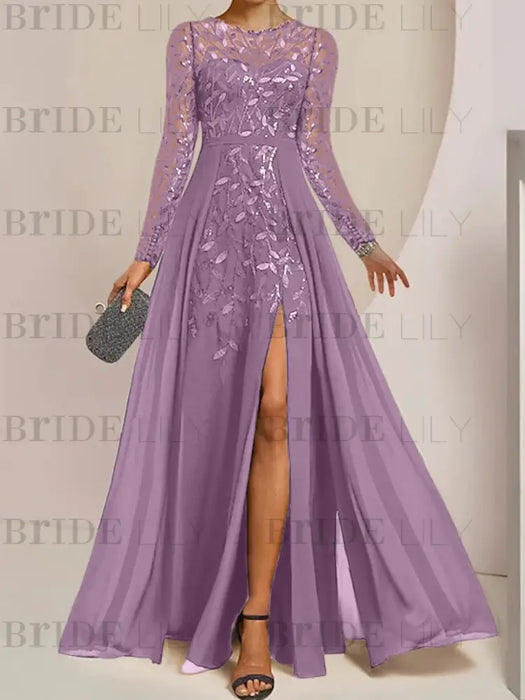 Dusty Purple sequin leaf embroidered chiffon mother of the bride slit gown