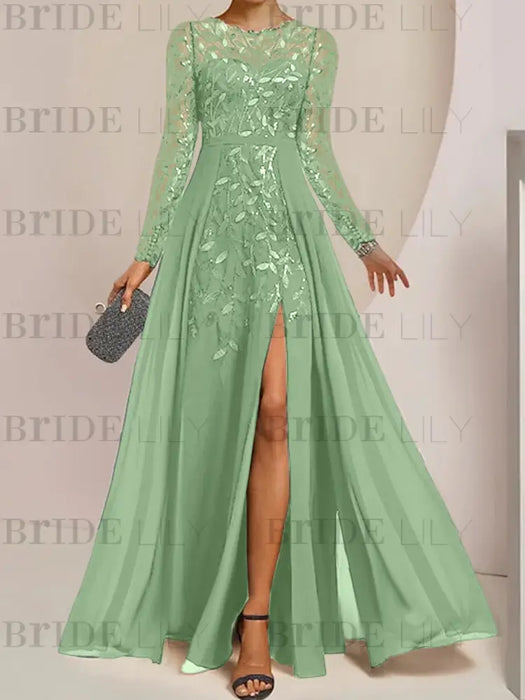 Dusty Sage sequin leaf embroidered chiffon mother of the bride slit gown