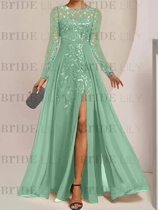 Eucalyptus sequin leaf embroidered chiffon mother of the bride slit gown