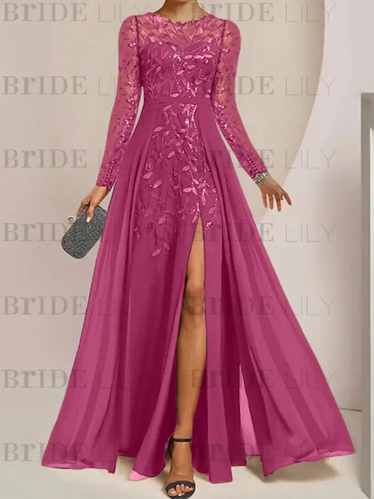 Fuchsia sequin leaf embroidered chiffon mother of the bride slit gown