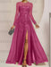 Fuchsia sequin leaf embroidered chiffon mother of the bride slit gown