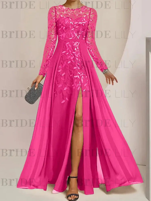 Fuchsia Pink sequin leaf embroidered chiffon mother of the bride slit gown