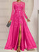 Fuchsia Pink sequin leaf embroidered chiffon mother of the bride slit gown