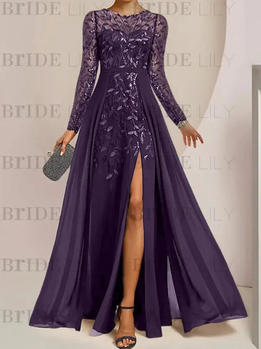Grape sequin leaf embroidered chiffon mother of the bride slit gown