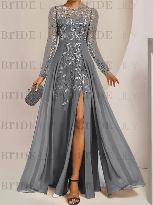 Gray sequin leaf embroidered chiffon mother of the bride slit gown