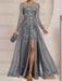 Gray sequin leaf embroidered chiffon mother of the bride slit gown