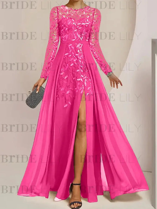 Hot Pink sequin leaf embroidered chiffon mother of the bride slit gown