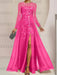 Hot Pink sequin leaf embroidered chiffon mother of the bride slit gown