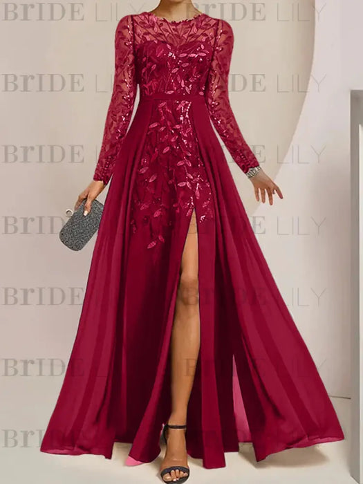 Light Burgundy sequin leaf embroidered chiffon mother of the bride slit gown