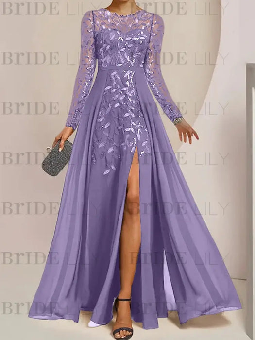Light Purple sequin leaf embroidered chiffon mother of the bride slit gown