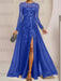 Light Royal Blue sequin leaf embroidered chiffon mother of the bride slit gown